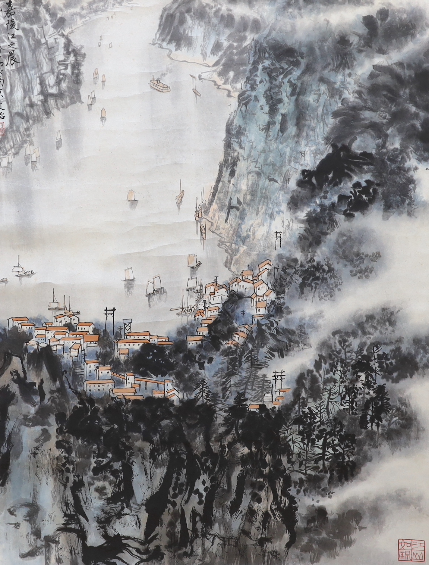 A 20th century scroll painting of a harbour scene and a Japanese scroll painting of a bird of prey, longest 165cm